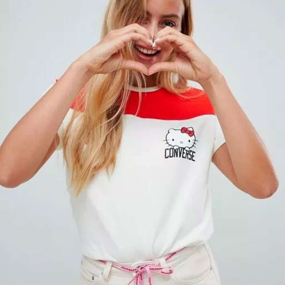 Women's Converse x Hello Kitty Football T-Shirt Egret/Fiery Red 10008210 Siz M L